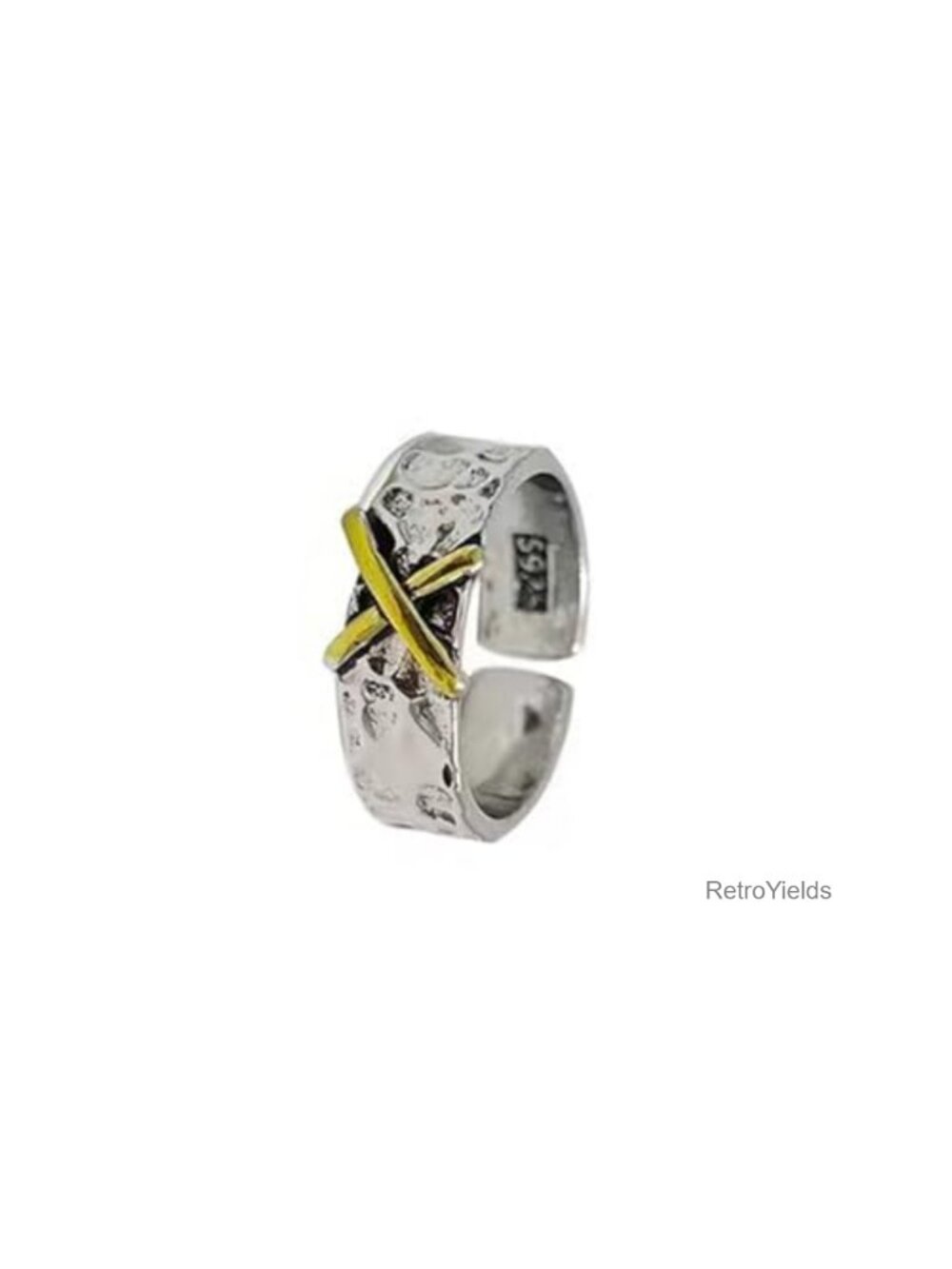 S925 Sterling Silver Hammered Cross Ring Adjustable Open Band Gold Plated